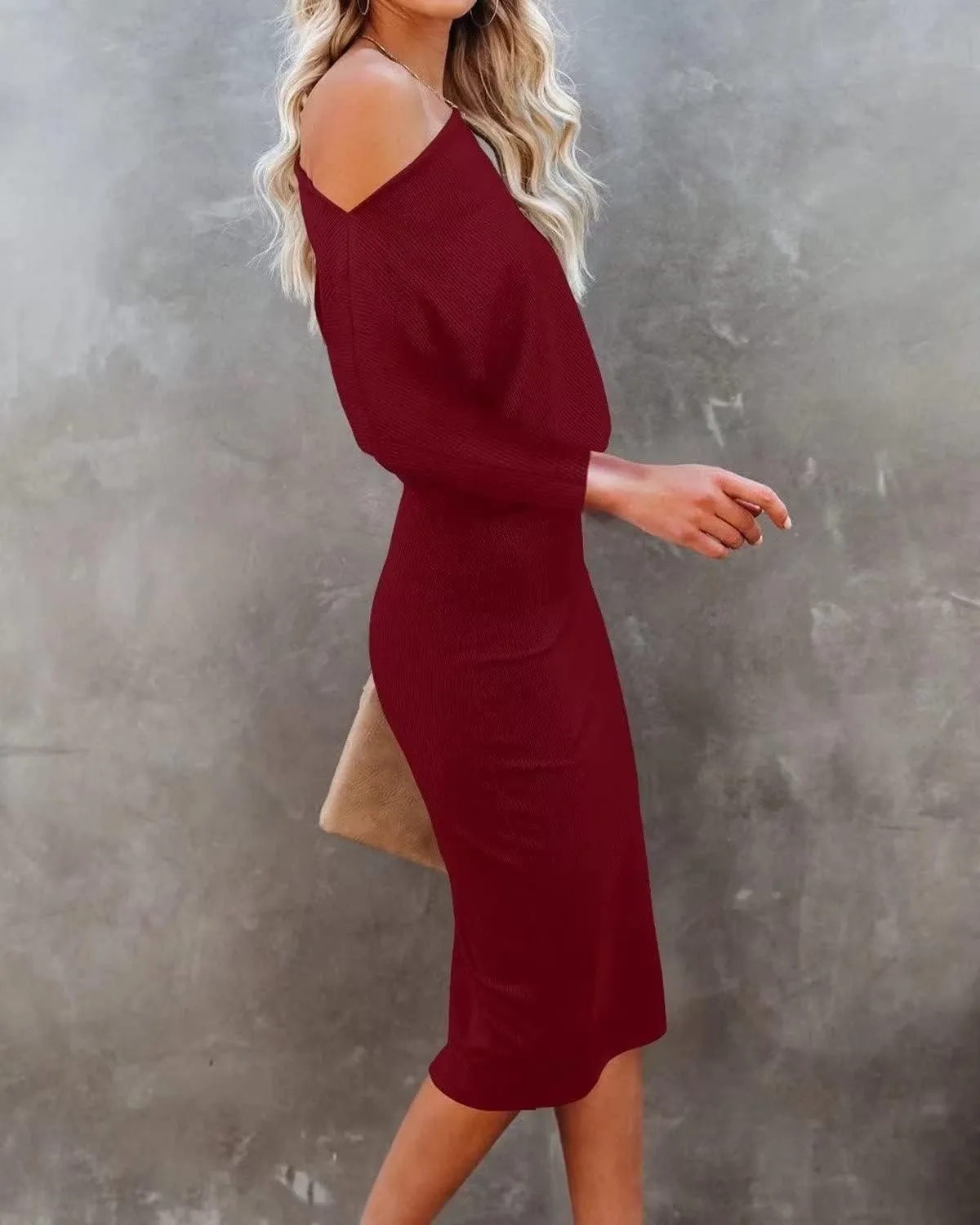 Ezbelle Women's Off The Shoulder 3/4 Sleeve Batwing HIPS-Wrap Pencil Party Sexy Bodycon Midi Dress Loose