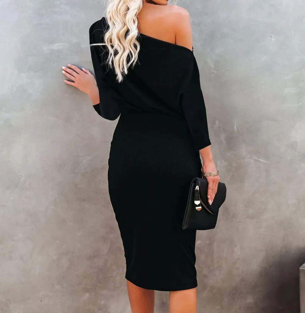 Ezbelle Women's Off The Shoulder 3/4 Sleeve Batwing HIPS-Wrap Pencil Party Sexy Bodycon Midi Dress Loose