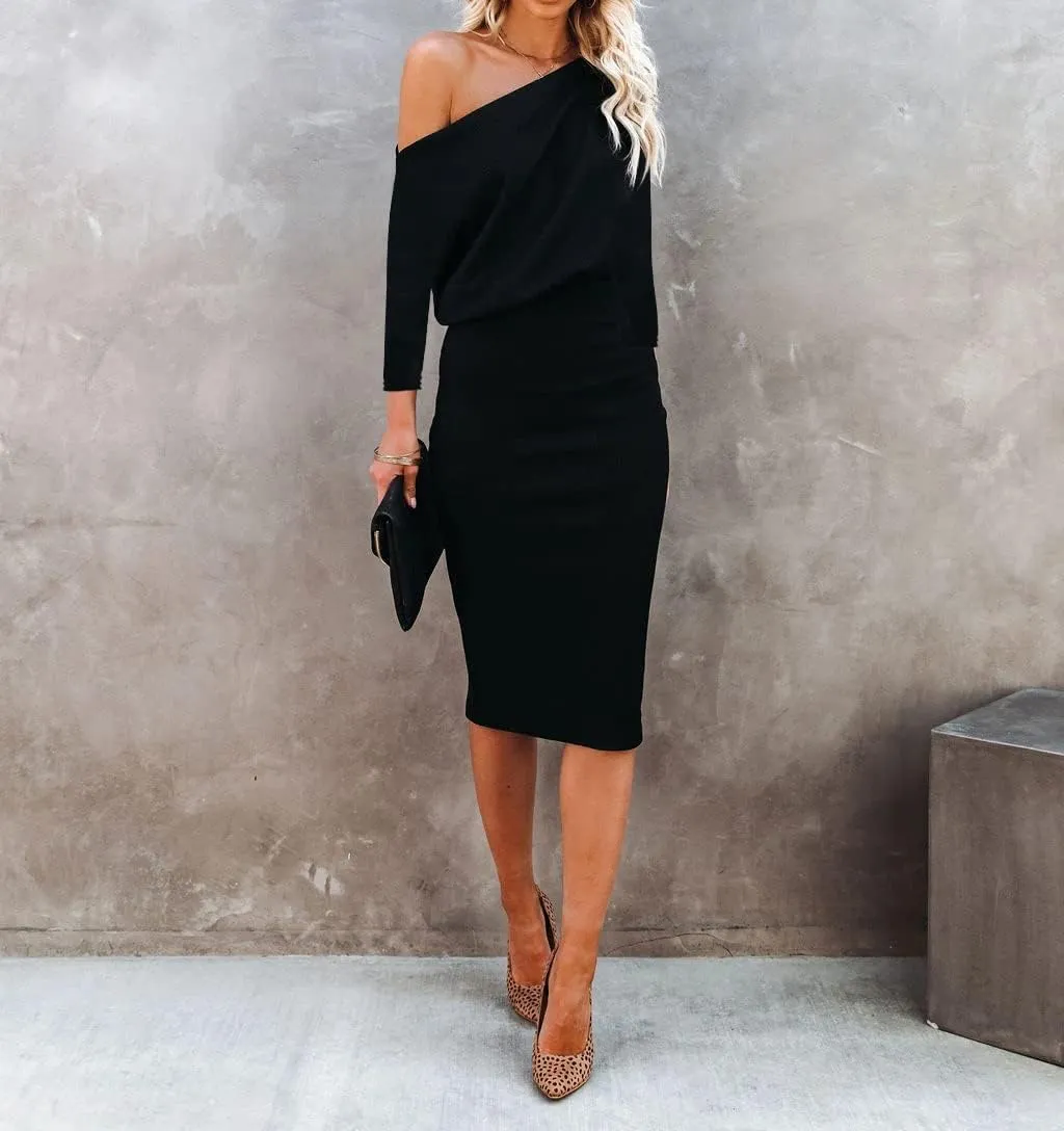 Ezbelle Women's Off The Shoulder 3/4 Sleeve Batwing HIPS-Wrap Pencil Party Sexy Bodycon Midi Dress Loose