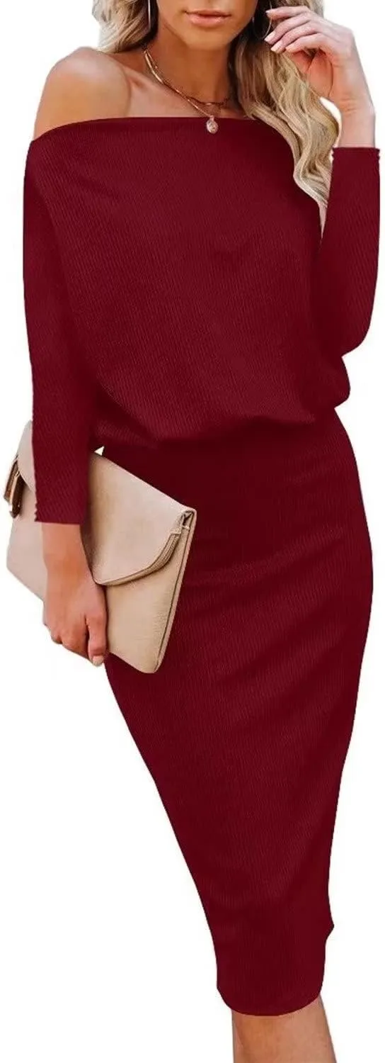 Ezbelle Women's Off The Shoulder 3/4 Sleeve Batwing HIPS-Wrap Pencil Party Sexy Bodycon Midi Dress Loose