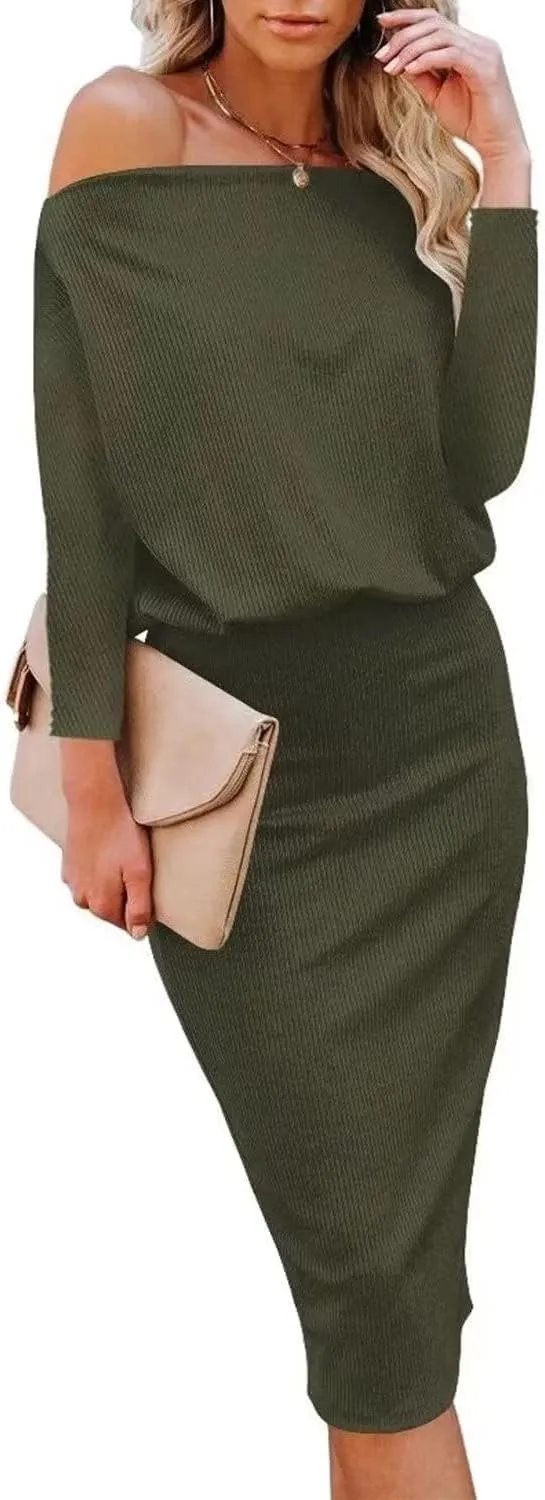 Ezbelle Women's Off The Shoulder 3/4 Sleeve Batwing HIPS-Wrap Pencil Party Sexy Bodycon Midi Dress Loose