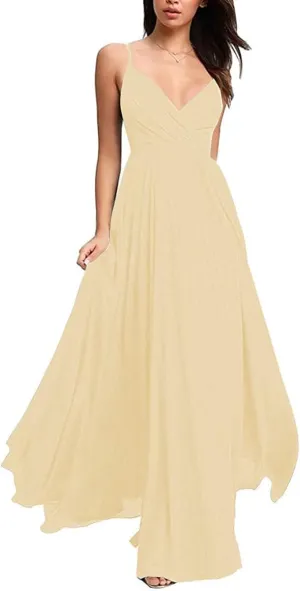 Fanciest Spaghetti Straps V Neck Bridesmaid Dresses Long Chiffon Wedding Fomal Evening Gowns