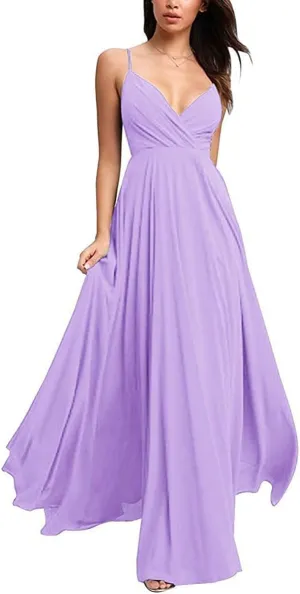 Fanciest Spaghetti Straps V Neck Bridesmaid Dresses Long Chiffon Wedding Fomal Evening Gowns