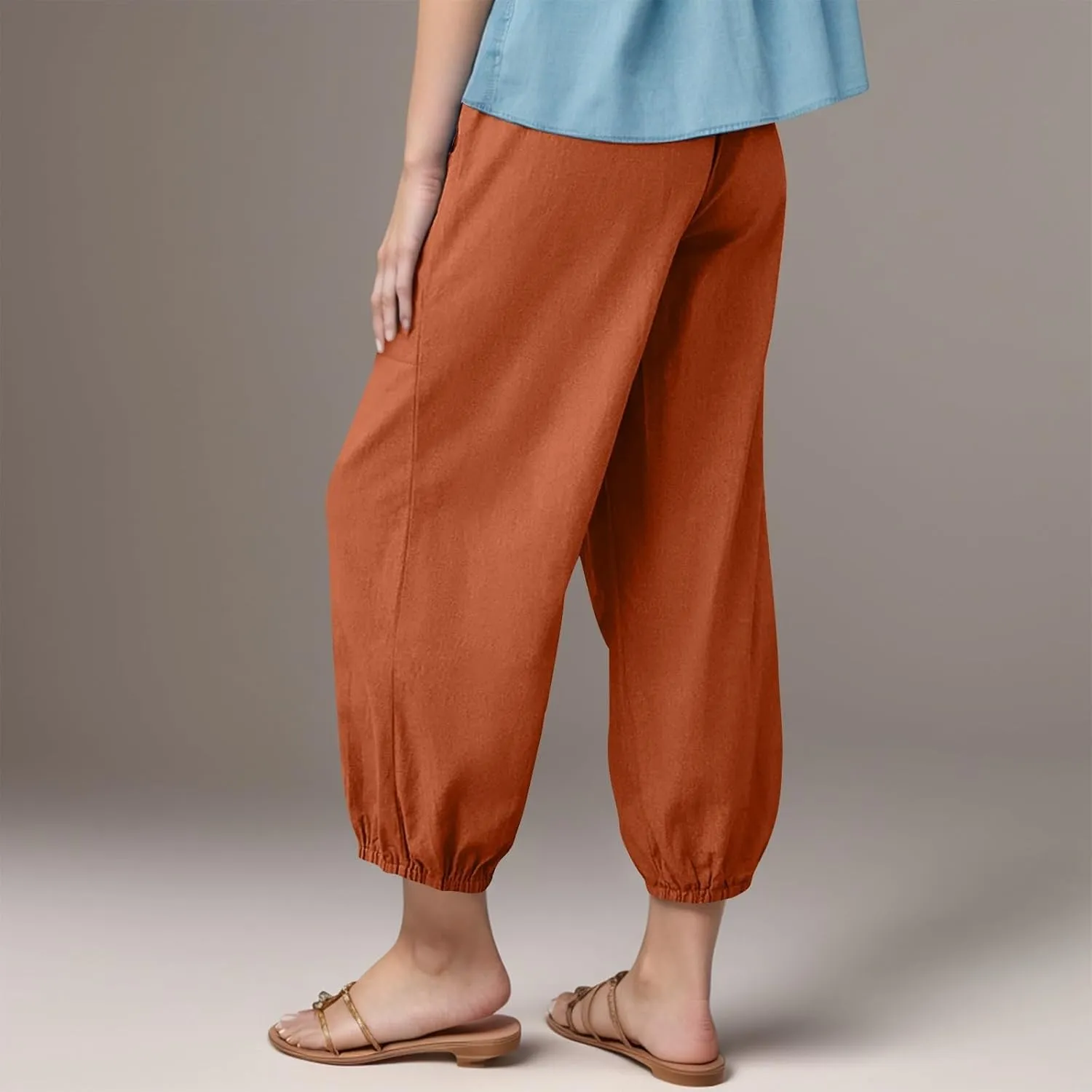 fanmpghleoo Womens Capri Pants Summer Casual Linen Pants Drawstring Waist Wide Leg Cropped Pants Trousers with Pockets