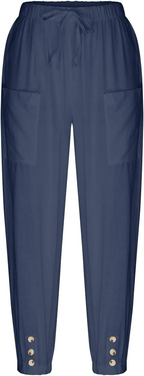 fanmpghleoo Womens Capri Pants Summer Casual Linen Pants Drawstring Waist Wide Leg Cropped Pants Trousers with Pockets