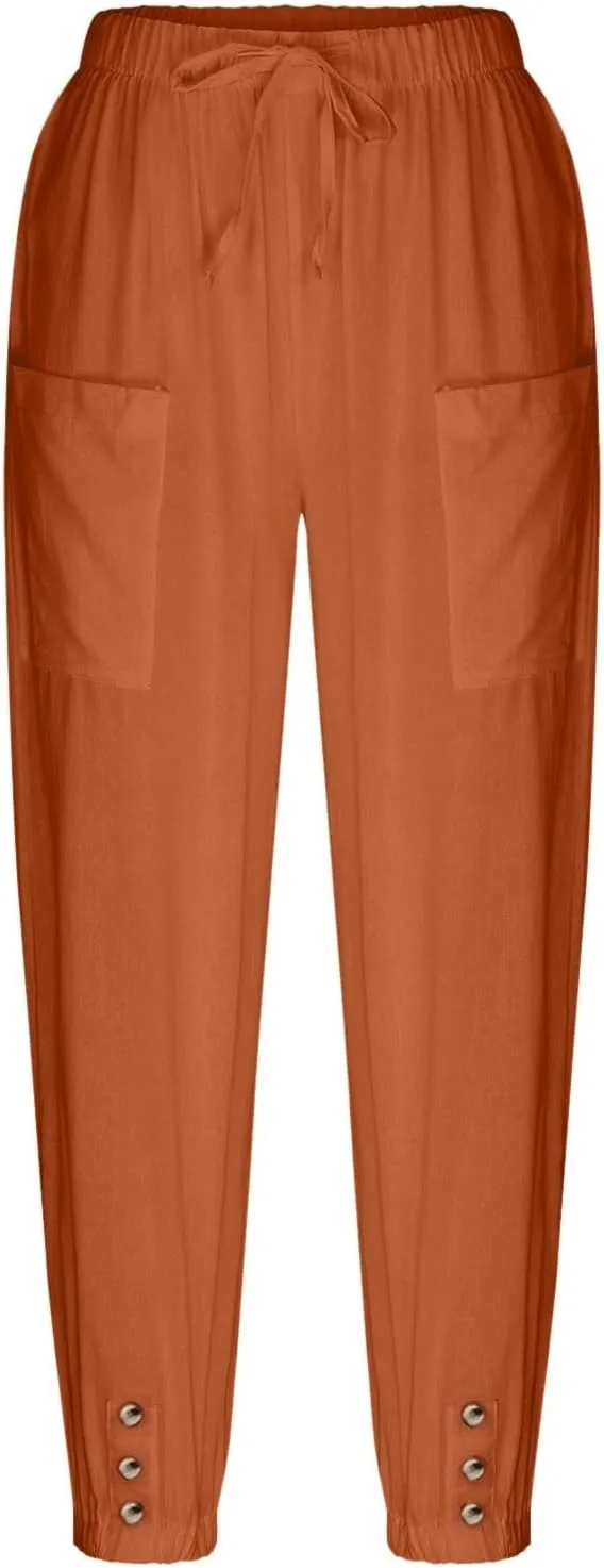 fanmpghleoo Womens Capri Pants Summer Casual Linen Pants Drawstring Waist Wide Leg Cropped Pants Trousers with Pockets