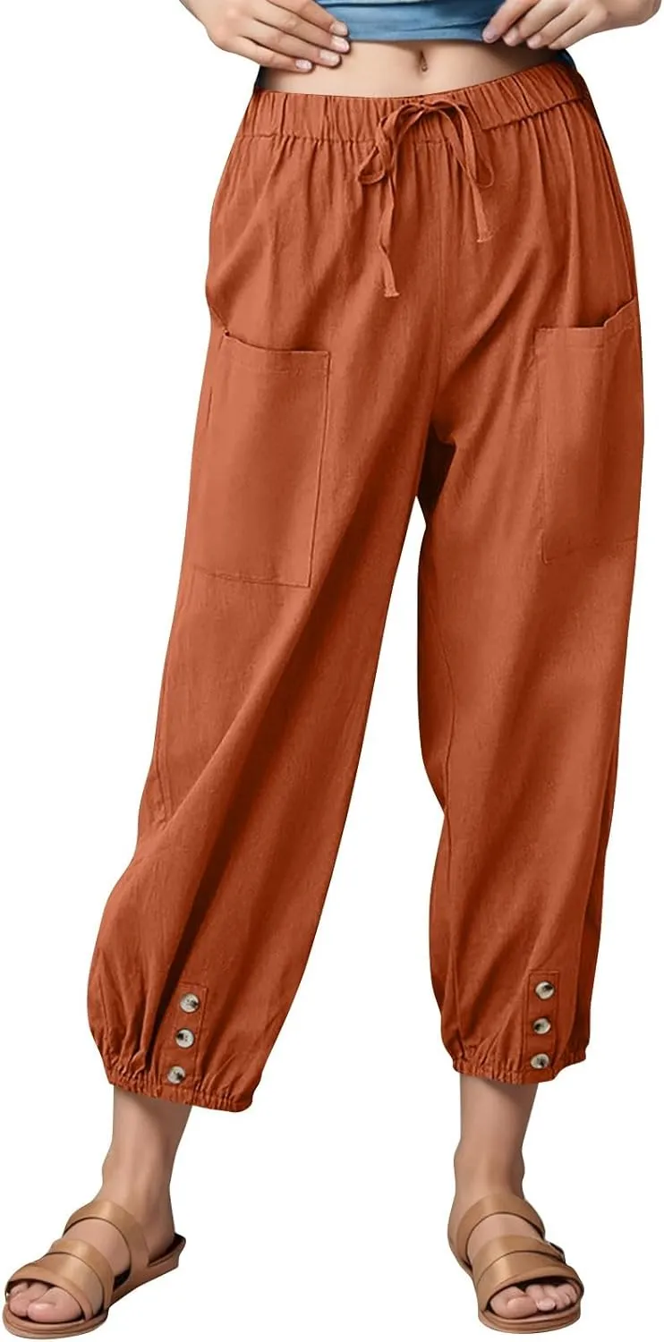 fanmpghleoo Womens Capri Pants Summer Casual Linen Pants Drawstring Waist Wide Leg Cropped Pants Trousers with Pockets