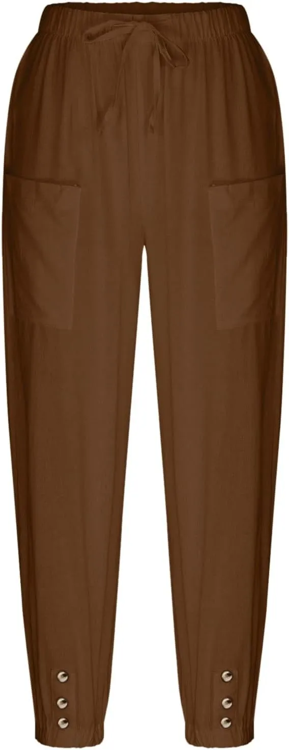 fanmpghleoo Womens Capri Pants Summer Casual Linen Pants Drawstring Waist Wide Leg Cropped Pants Trousers with Pockets