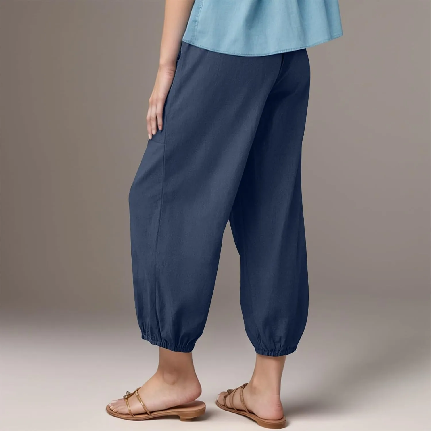 fanmpghleoo Womens Capri Pants Summer Casual Linen Pants Drawstring Waist Wide Leg Cropped Pants Trousers with Pockets