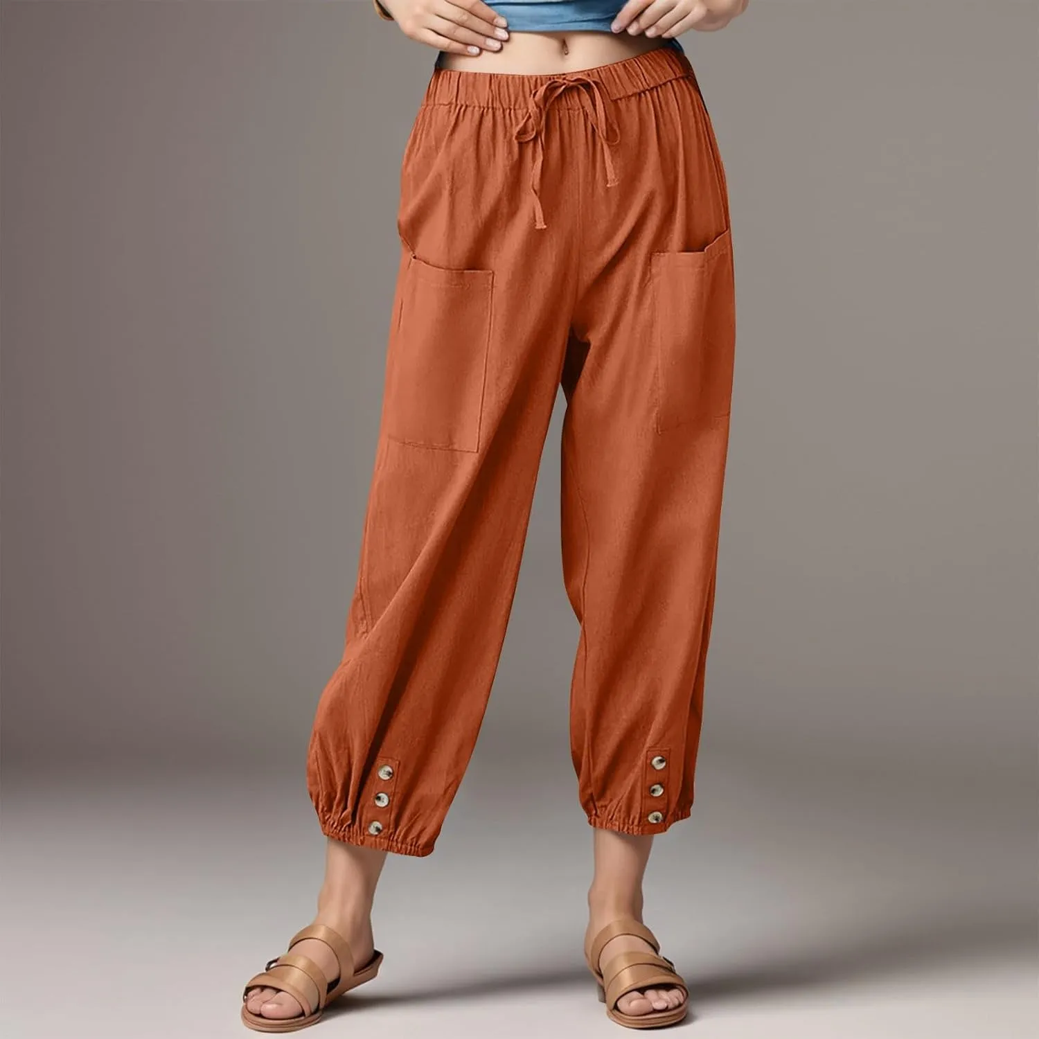 fanmpghleoo Womens Capri Pants Summer Casual Linen Pants Drawstring Waist Wide Leg Cropped Pants Trousers with Pockets