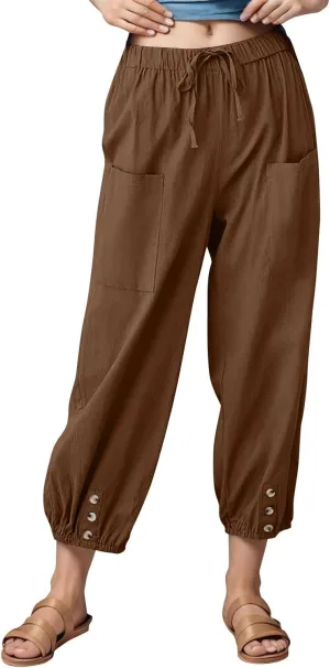 fanmpghleoo Womens Capri Pants Summer Casual Linen Pants Drawstring Waist Wide Leg Cropped Pants Trousers with Pockets
