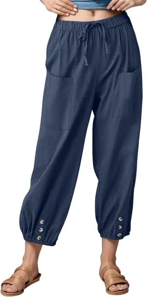 fanmpghleoo Womens Capri Pants Summer Casual Linen Pants Drawstring Waist Wide Leg Cropped Pants Trousers with Pockets