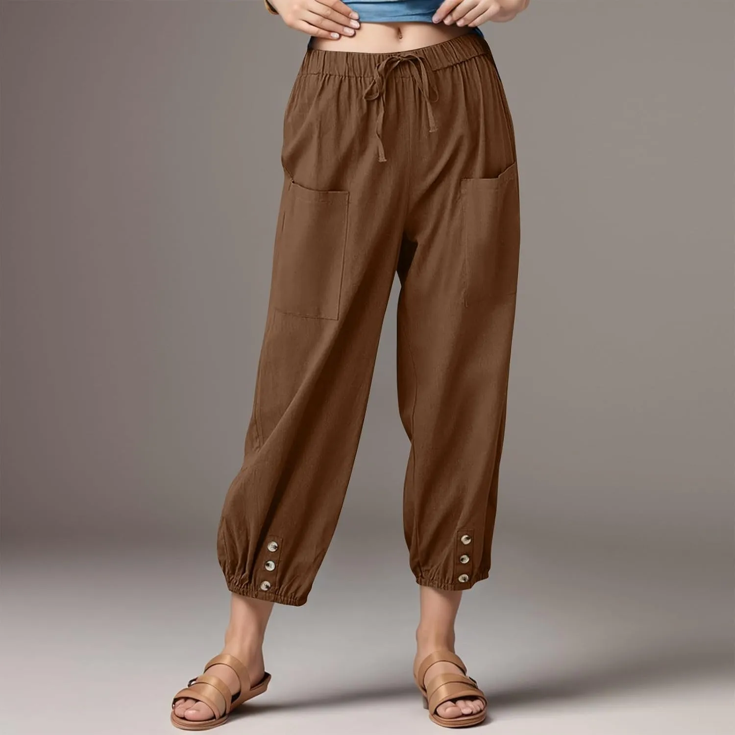fanmpghleoo Womens Capri Pants Summer Casual Linen Pants Drawstring Waist Wide Leg Cropped Pants Trousers with Pockets