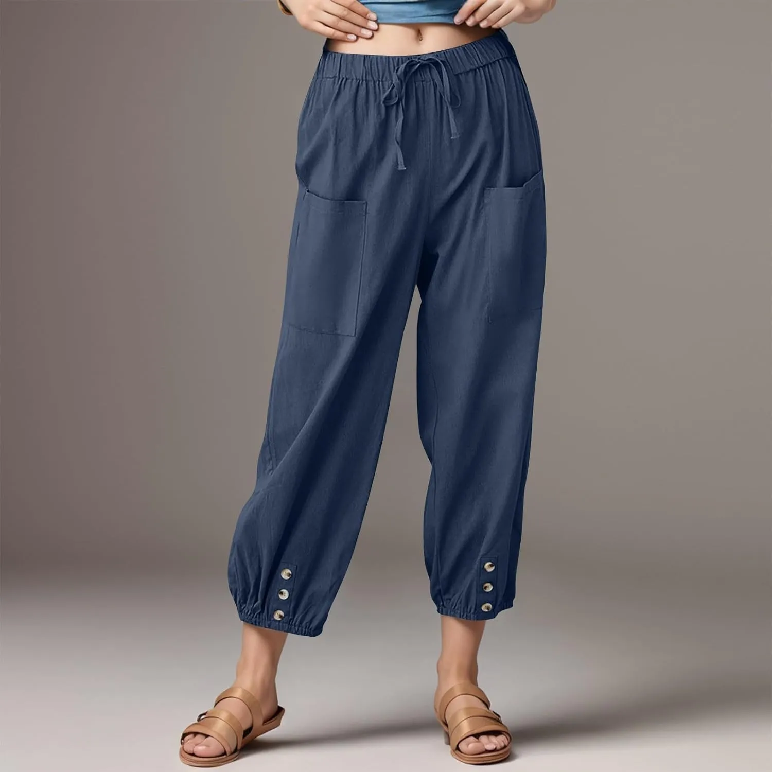 fanmpghleoo Womens Capri Pants Summer Casual Linen Pants Drawstring Waist Wide Leg Cropped Pants Trousers with Pockets