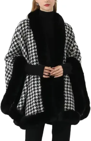 Faux Fur Shawl Wrap For Women Ladies Fur Cloak Fashion Sleeveless Cardigan For Winter Fur Trim Ponchos Checkered Cape