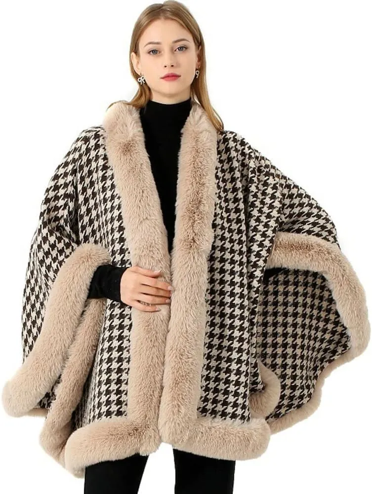 Faux Fur Shawl Wrap For Women Ladies Fur Cloak Fashion Sleeveless Cardigan For Winter Fur Trim Ponchos Checkered Cape