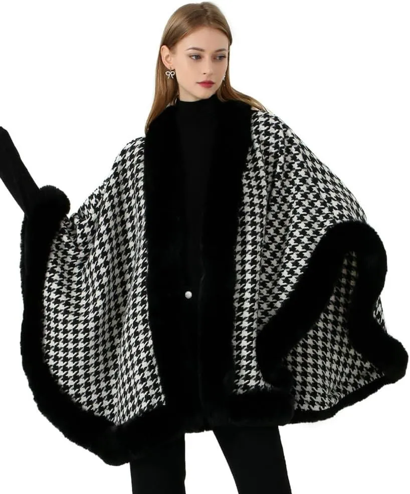 Faux Fur Shawl Wrap For Women Ladies Fur Cloak Fashion Sleeveless Cardigan For Winter Fur Trim Ponchos Checkered Cape