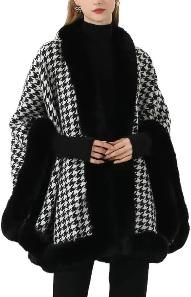 Faux Fur Shawl Wrap For Women Ladies Fur Cloak Fashion Sleeveless Cardigan For Winter Fur Trim Ponchos Checkered Cape
