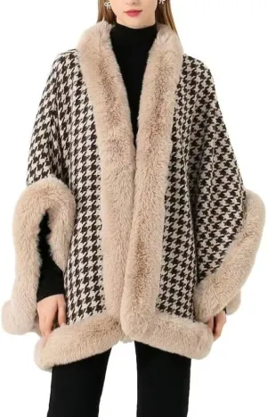 Faux Fur Shawl Wrap For Women Ladies Fur Cloak Fashion Sleeveless Cardigan For Winter Fur Trim Ponchos Checkered Cape