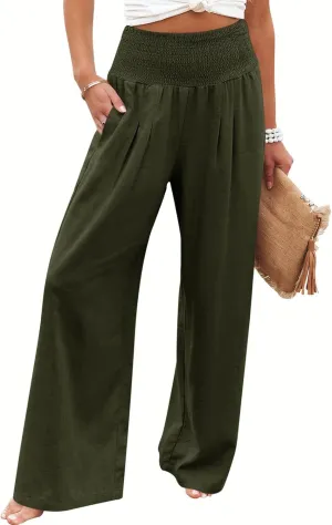 Febriajuce Womens High Waist Wide Leg Pants Smocked Elastic Waist Flowy Palazzo Lounge Pants Loose Trousers with Pockets