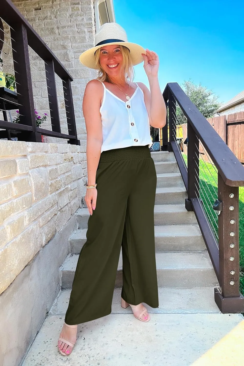Febriajuce Womens High Waist Wide Leg Pants Smocked Elastic Waist Flowy Palazzo Lounge Pants Loose Trousers with Pockets