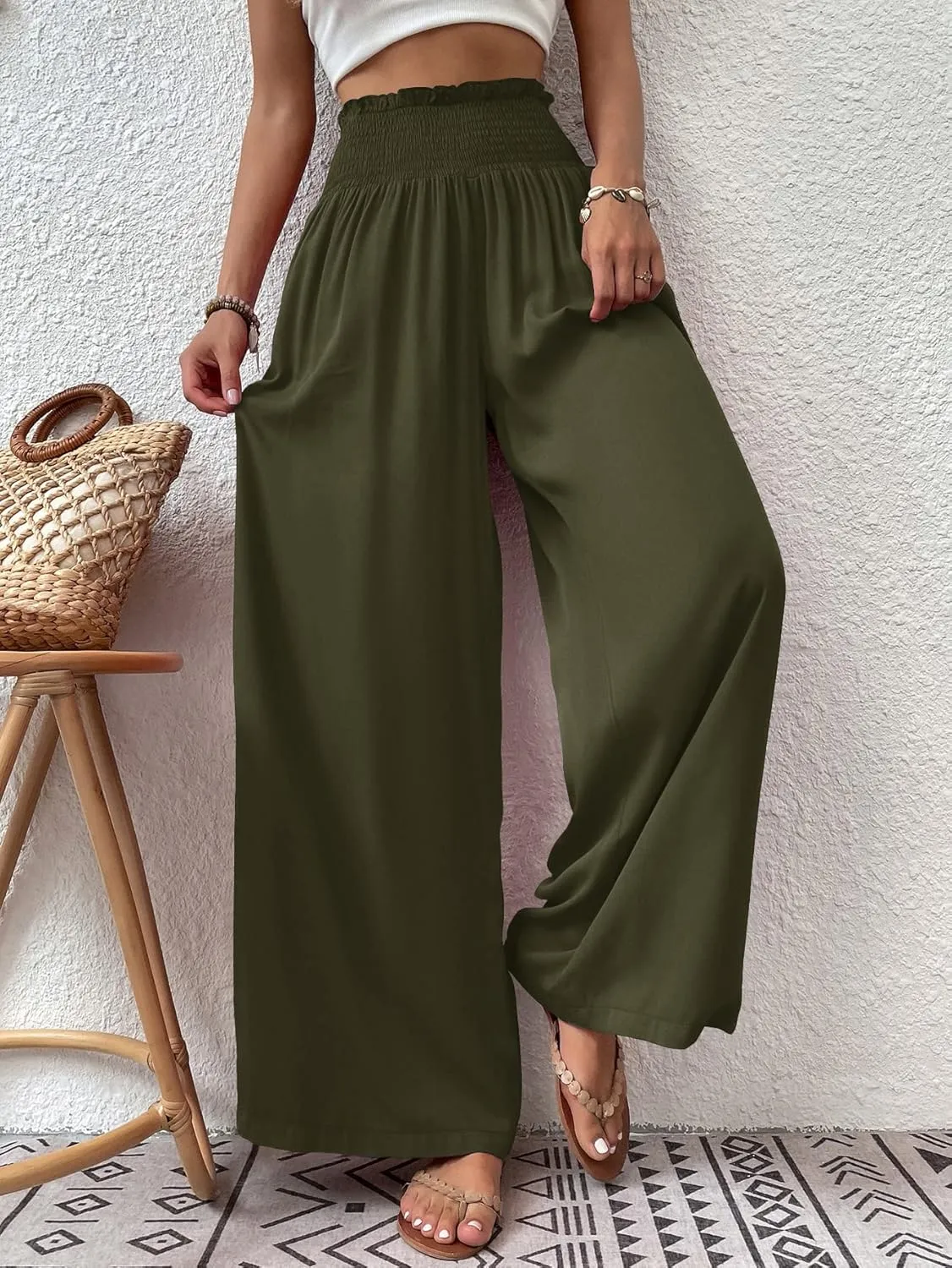 Febriajuce Womens High Waist Wide Leg Pants Smocked Elastic Waist Flowy Palazzo Lounge Pants Loose Trousers with Pockets