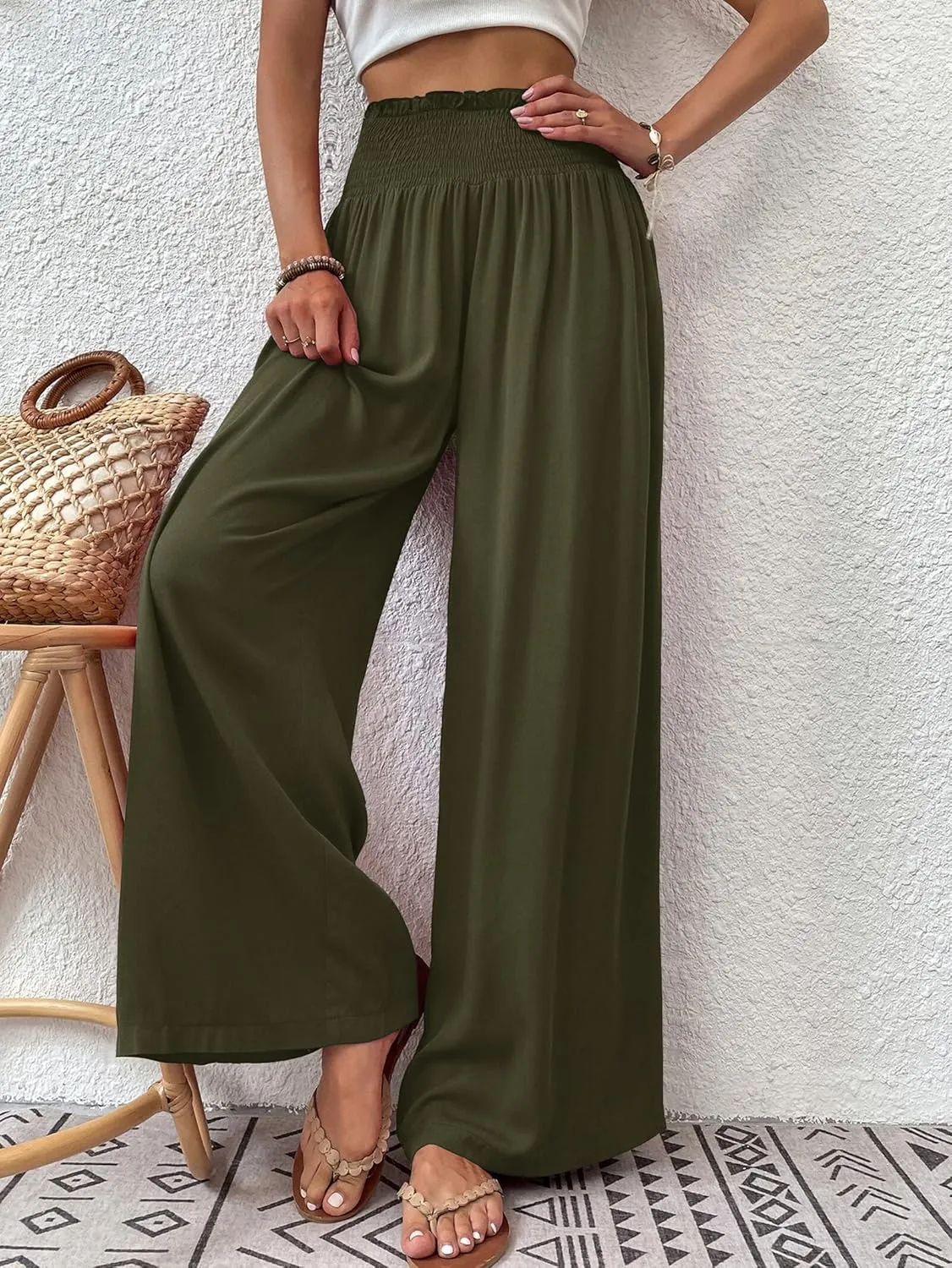 Febriajuce Womens High Waist Wide Leg Pants Smocked Elastic Waist Flowy Palazzo Lounge Pants Loose Trousers with Pockets