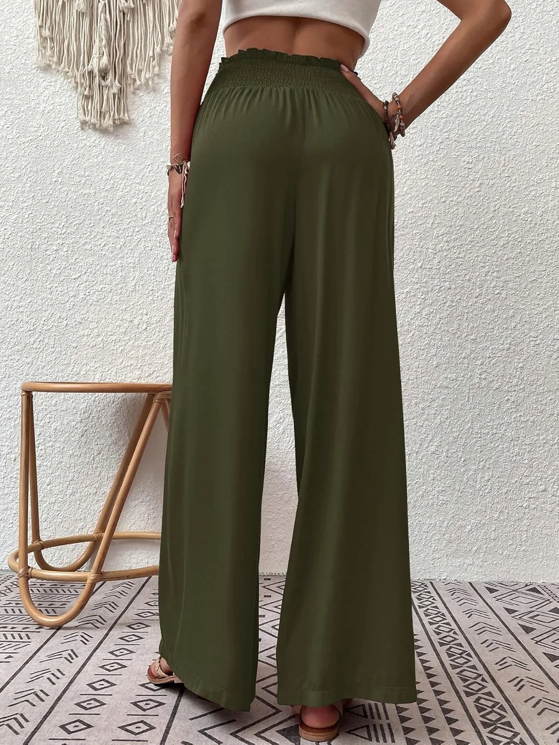 Febriajuce Womens High Waist Wide Leg Pants Smocked Elastic Waist Flowy Palazzo Lounge Pants Loose Trousers with Pockets