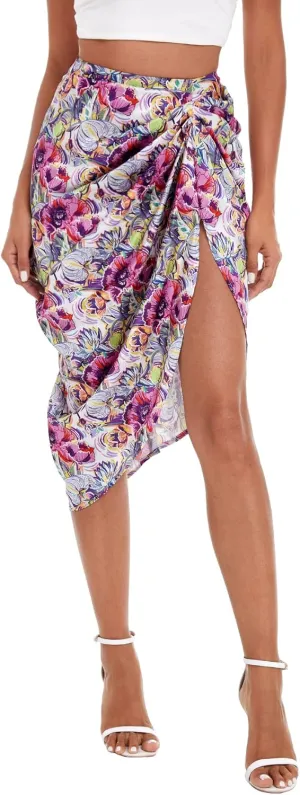 Floerns Women's Boho Floral Print Split Thigh Satin Ruched Midi Skirt