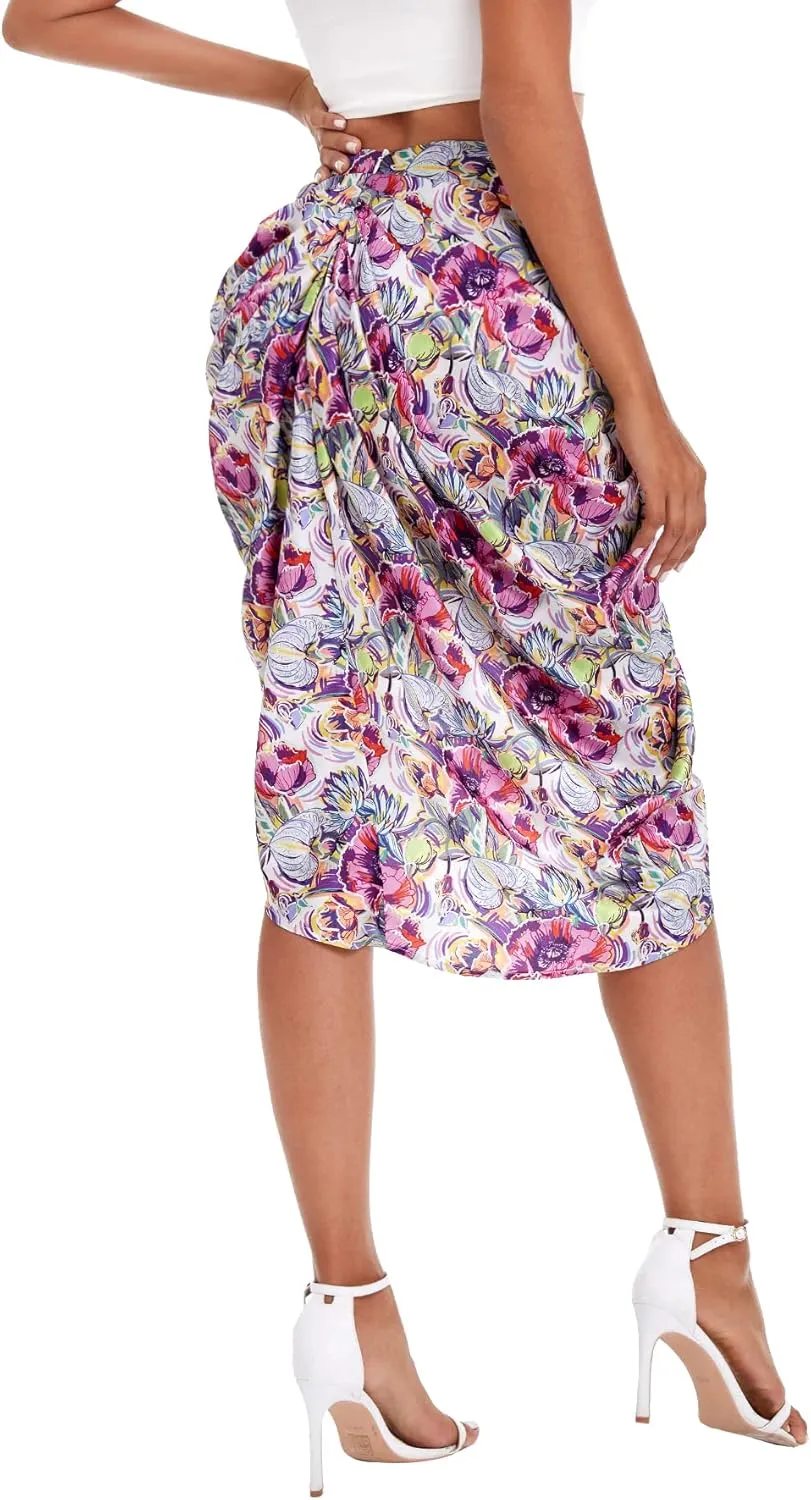 Floerns Women's Boho Floral Print Split Thigh Satin Ruched Midi Skirt