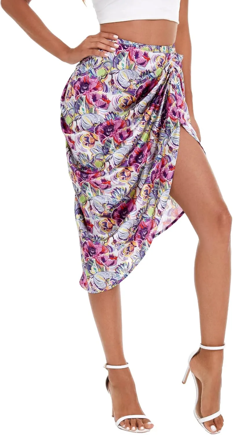Floerns Women's Boho Floral Print Split Thigh Satin Ruched Midi Skirt