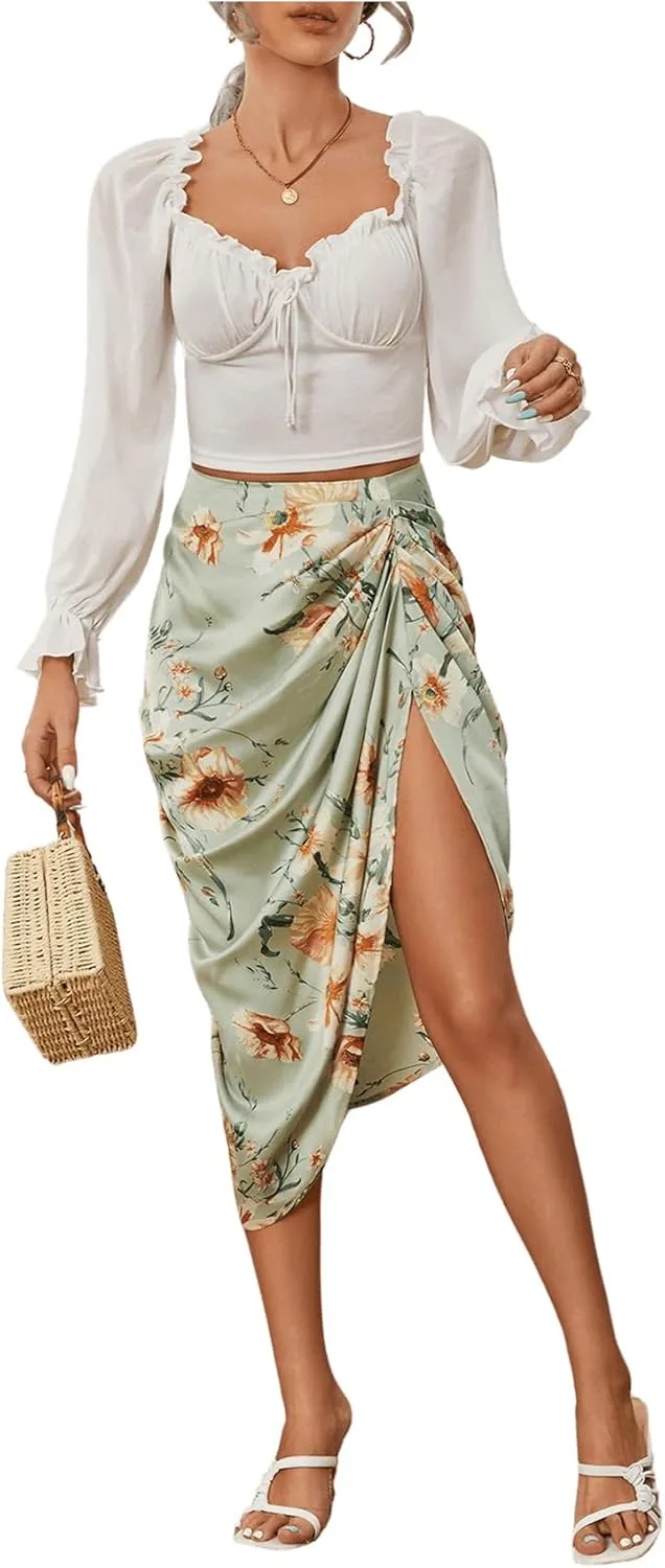 Floerns Women's Boho Floral Print Split Thigh Satin Ruched Midi Skirt