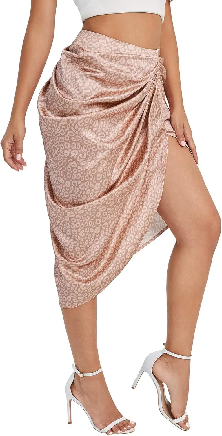 Floerns Women's Boho Floral Print Split Thigh Satin Ruched Midi Skirt