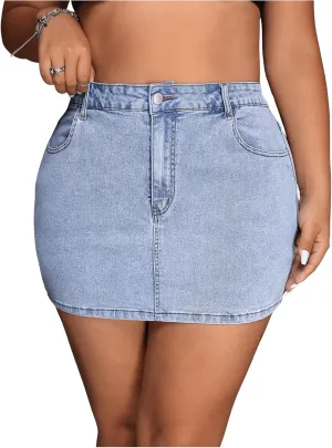 Floerns Women's Plus Size High Waisted Denim Mini Skirt Casual Jean Skirts with Pockets