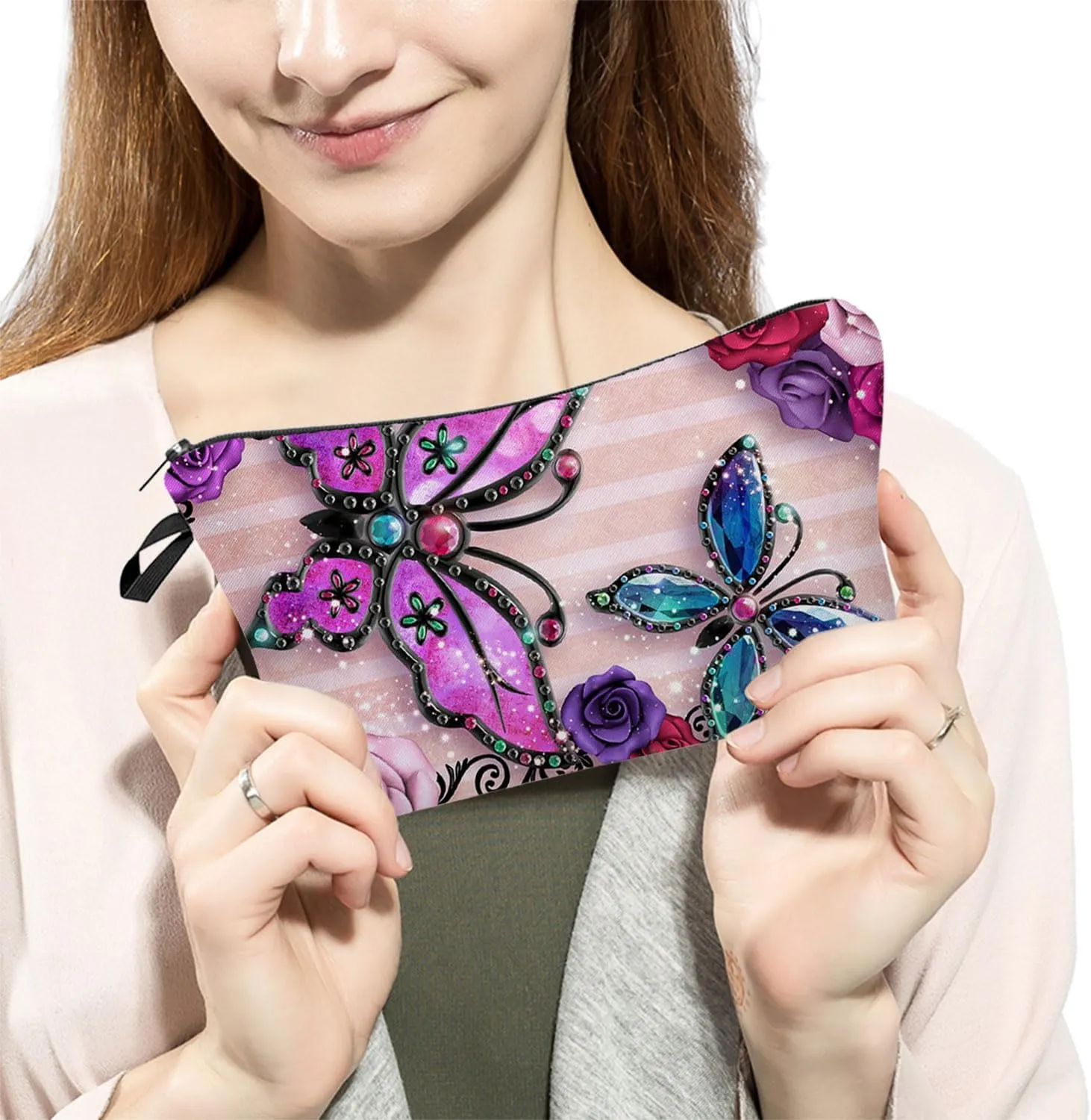 Floral Butterfly Makeup Bag Cute Organizer Bag Travel Toiletry Zipper Pouch Gifts Jewelry Butterflies Cosmetic Bag for Girls Women Butterfly Lovers