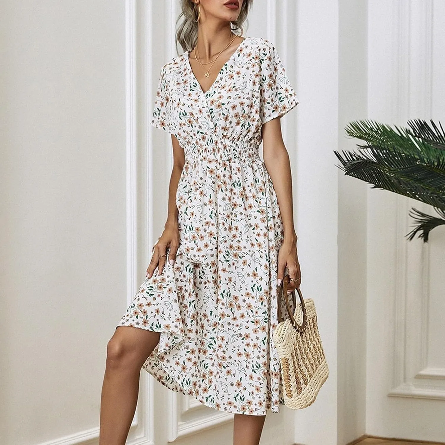 Floral Dresses for Women,2025 Spring Summer Elegant Trendy V Neck Short Sleeve Beach Dress,Flowy Ruched Boho Dress