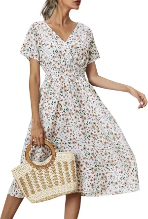 Floral Dresses for Women,2025 Spring Summer Elegant Trendy V Neck Short Sleeve Beach Dress,Flowy Ruched Boho Dress