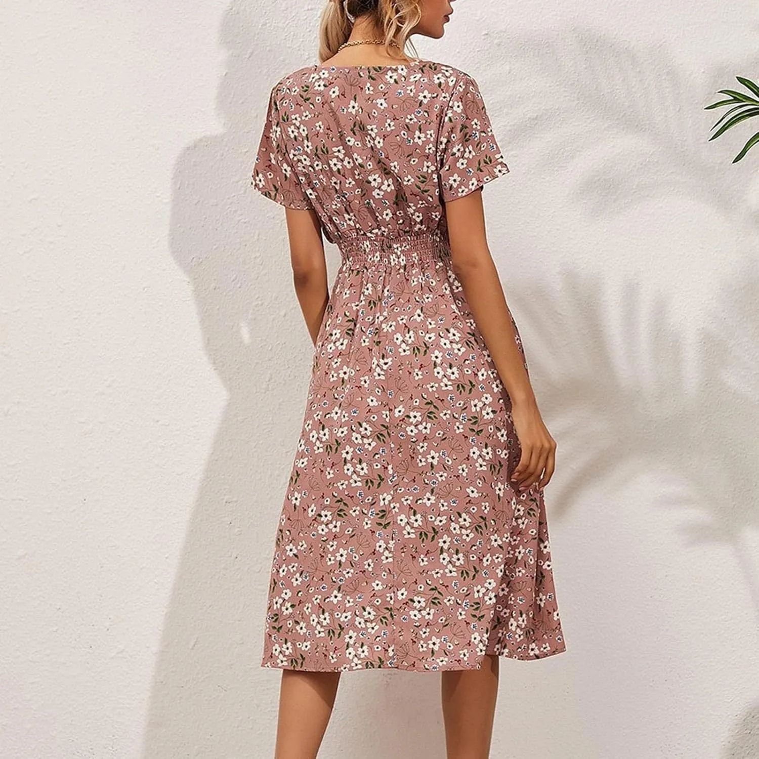 Floral Dresses for Women,2025 Spring Summer Elegant Trendy V Neck Short Sleeve Beach Dress,Flowy Ruched Boho Dress