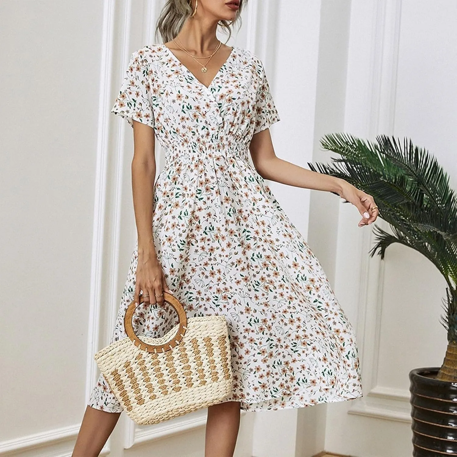 Floral Dresses for Women,2025 Spring Summer Elegant Trendy V Neck Short Sleeve Beach Dress,Flowy Ruched Boho Dress