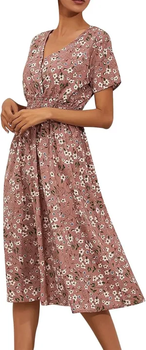 Floral Dresses for Women,2025 Spring Summer Elegant Trendy V Neck Short Sleeve Beach Dress,Flowy Ruched Boho Dress