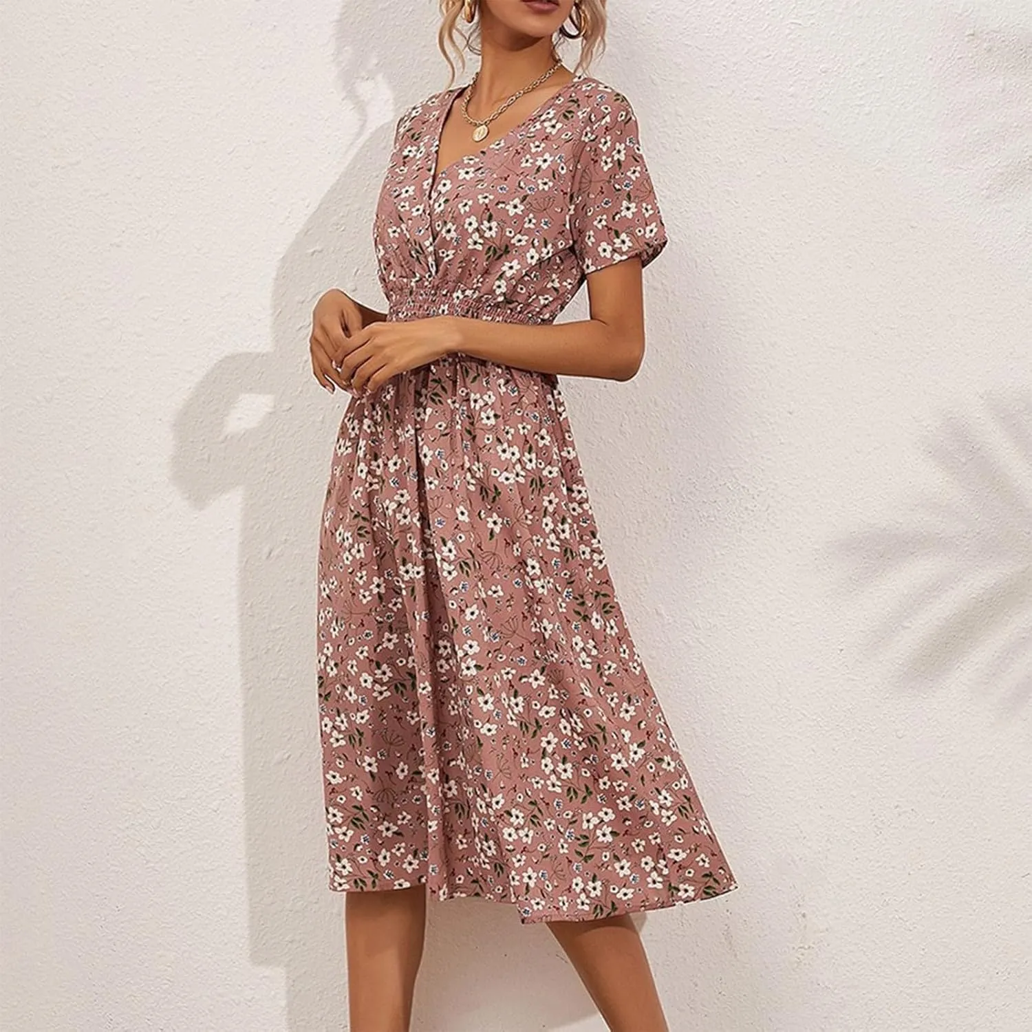 Floral Dresses for Women,2025 Spring Summer Elegant Trendy V Neck Short Sleeve Beach Dress,Flowy Ruched Boho Dress