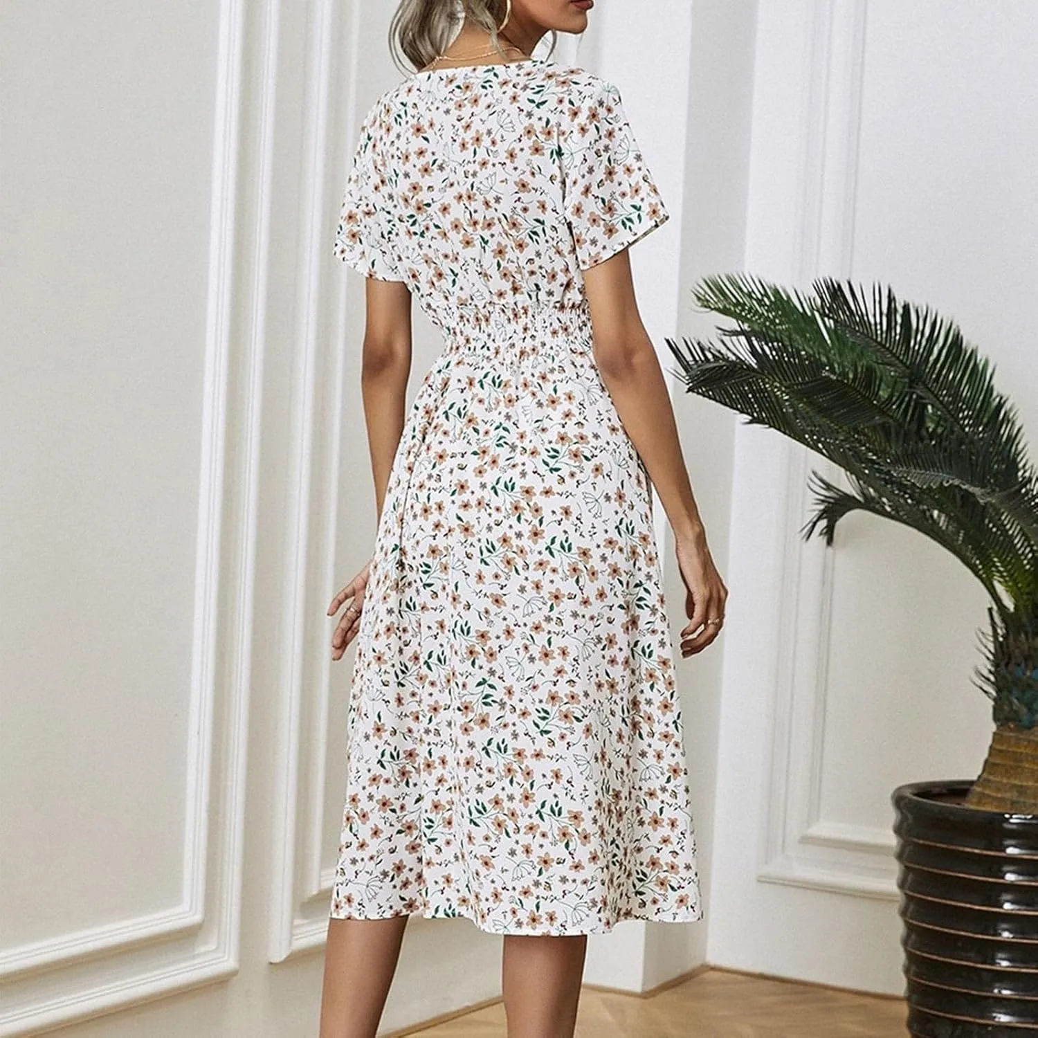 Floral Dresses for Women,2025 Spring Summer Elegant Trendy V Neck Short Sleeve Beach Dress,Flowy Ruched Boho Dress