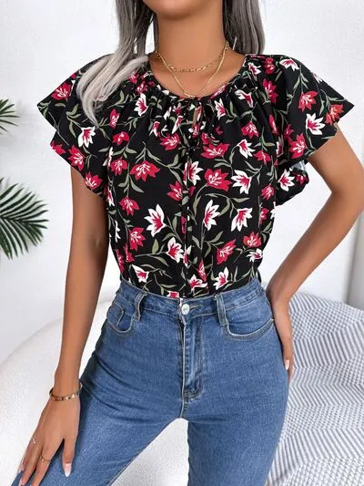 Floral Flutter Sleeve Tie Neck Blouse