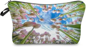 Floral Makeup Bag Cute Small Organizer Bag Travel Toiletry Zipper Pouch Floral Gift Pink Tulip Floral Cosmetic Bag for Flower Lovers Women Friends