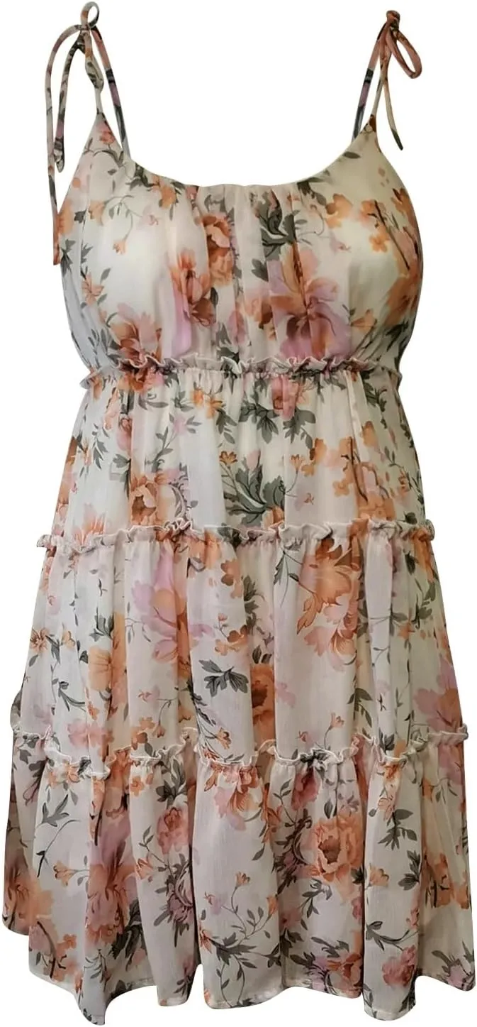 Floral Sundress for Women 2024 Casual Summer Back Smocked Sleeveless Dress Boho Layered Flowy Swing Beach Mini Dress