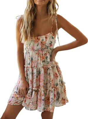 Floral Sundress for Women 2024 Casual Summer Back Smocked Sleeveless Dress Boho Layered Flowy Swing Beach Mini Dress