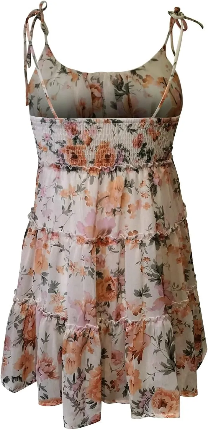 Floral Sundress for Women 2024 Casual Summer Back Smocked Sleeveless Dress Boho Layered Flowy Swing Beach Mini Dress