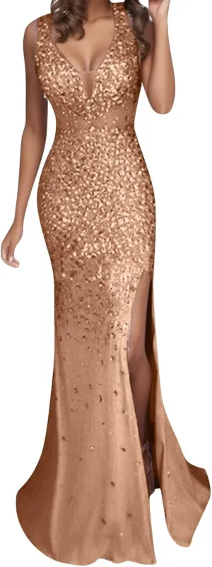 Formal Bridesmaid Dress for Women Cocktail Elegant Prom Party Sexy Bodycon V Neck Dresses Sequin Evening Gown Maxi Dress