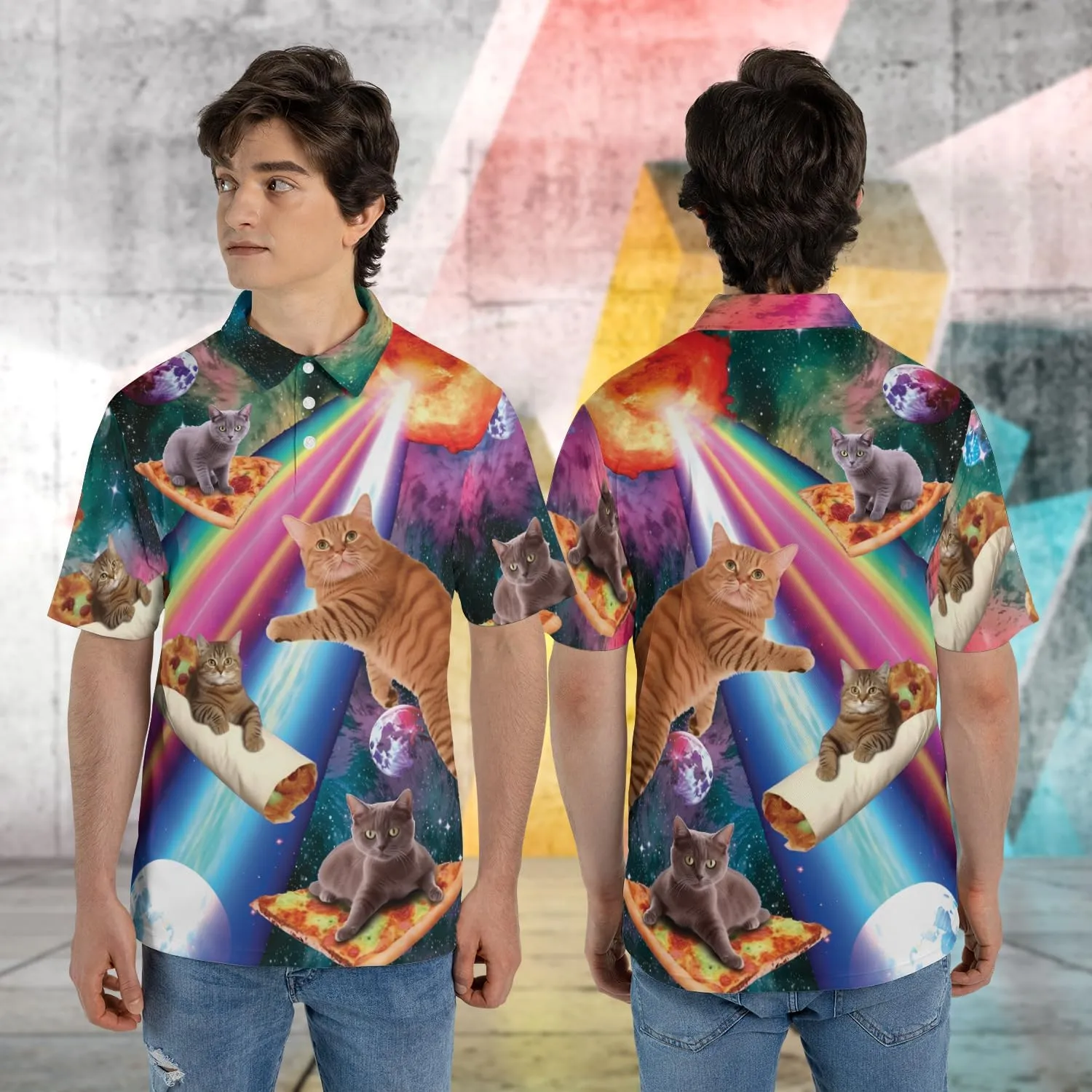 Funny Cat Polo Shirts for Men - Galaxy Cat Mens Quick Dry Short Sleeve Polo Shirts Series 28