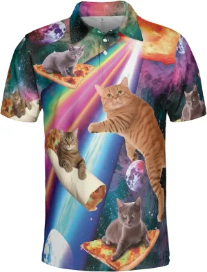 Funny Cat Polo Shirts for Men - Galaxy Cat Mens Quick Dry Short Sleeve Polo Shirts Series 28